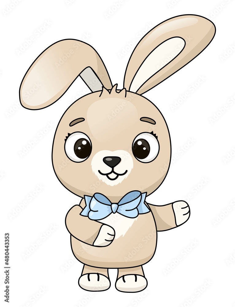 Cute rabbit with a blue bow. Print for a postcard. Easter Bunny Cute rabbit with a blue bow. Print for a postcard. Easter Bunny