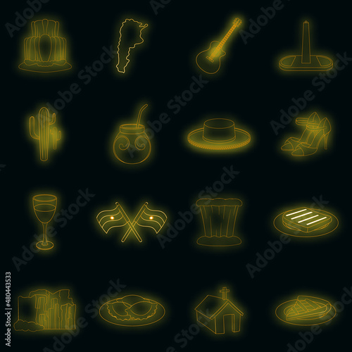 Argentina travel icons set vector neon