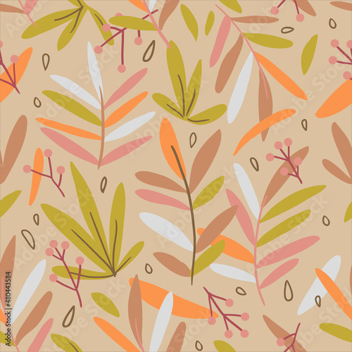 seamless pattern trendy leaves, botanical vector nature illustration