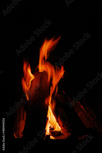 Fire flames burning in fireplace.