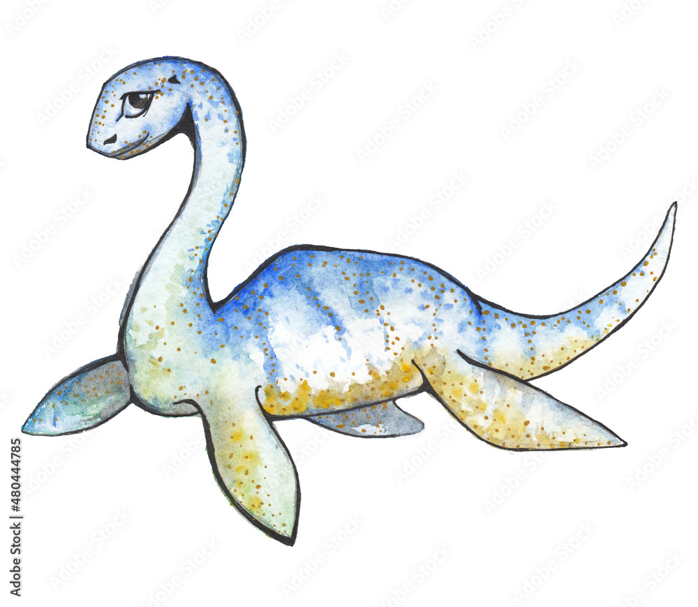 Naklejka premium Cute cartoon dinosaur blue color plesiosaur painted in watercolor isolated on white background