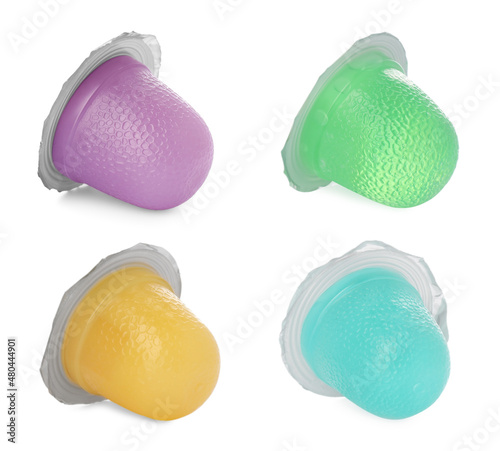 Set with different tasty jelly candies on white background