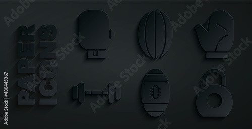 Set American Football ball, Baseball glove, Dumbbell, Kettlebell, Rugby and Boxing icon. Vector