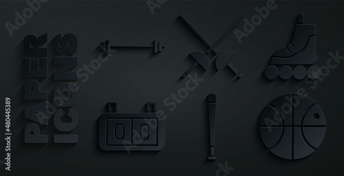 Set Baseball bat, Roller skate, Sport mechanical scoreboard, Basketball, Fencing and Barbell icon. Vector