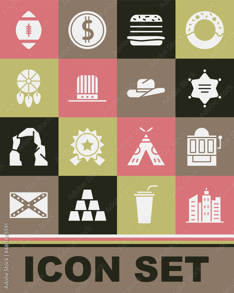 Set City landscape, Slot machine, Hexagram sheriff, Burger, Patriotic American top hat, Dream catcher with feathers, Football ball and Western cowboy icon. Vector