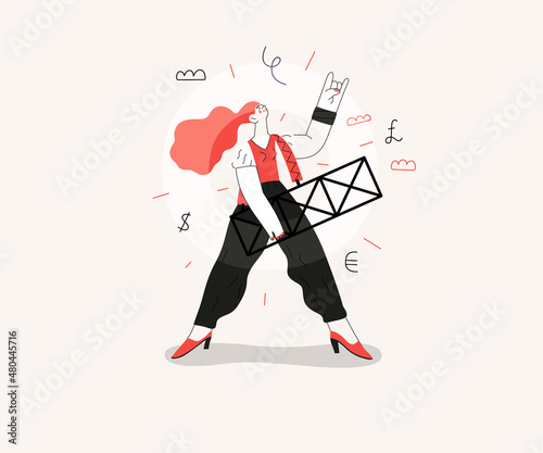 Startup illustration. Flat line vector modern concept illustration of young woman, startup metaphor. Concept of building new business, planning and strategy, teamwork and management, company processes