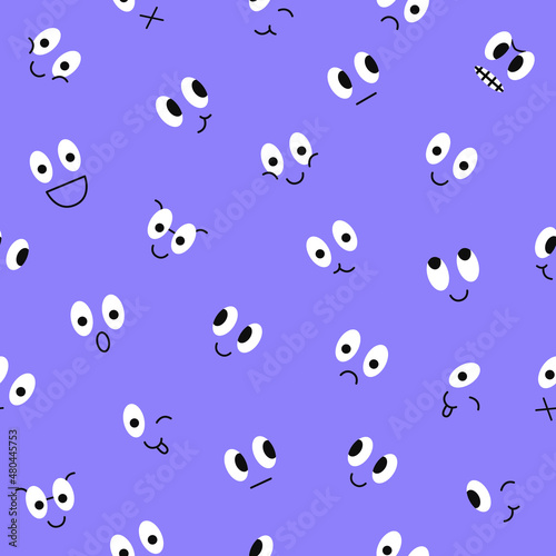 Cute minimal seamless pattern with character faces on a blue background. Trendy funny cartoon design. Vector illustration © Elena