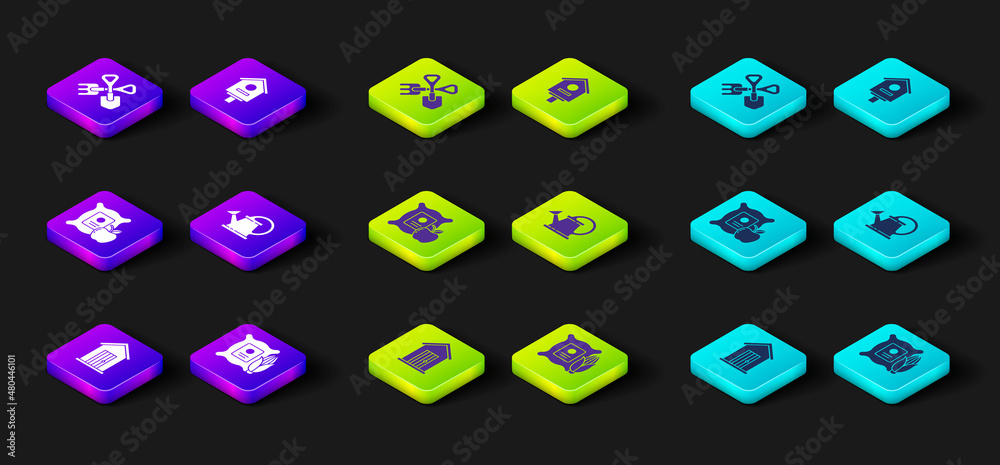 Set Farm house, Corn in the sack, Apple, Watering can, Bird and Shovel and rake icon. Vector Set Farm house, Corn in the sack, Apple, Watering can, Bird and Shovel and rake icon. Vector