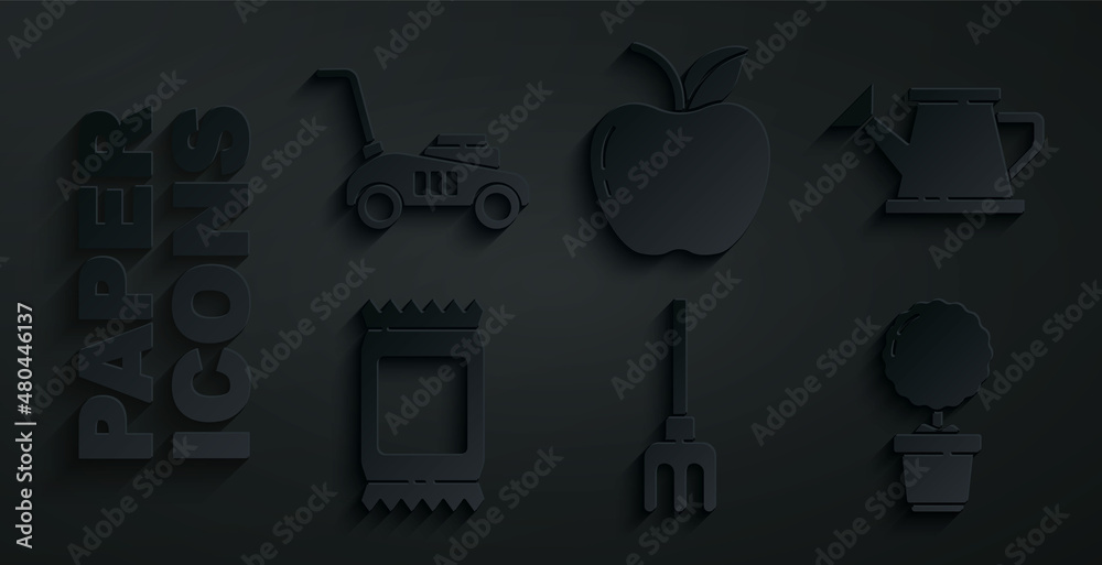 Set Garden rake, Watering can, Fertilizer bag, Flower pot, Apple and Lawn mower icon. Vector Set Garden rake, Watering can, Fertilizer bag, Flower pot, Apple and Lawn mower icon. Vector