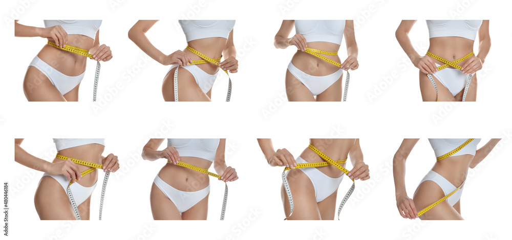Collage with photos of young woman with measuring tape on white background, closeup. Banner design