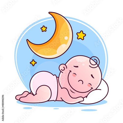 Little baby boy in blue pajamas sleep peacefully on soft white cloud. Pillow and blanket for child. Template for logotype for healthy sleep, baby bed clothes, linen. Color vector