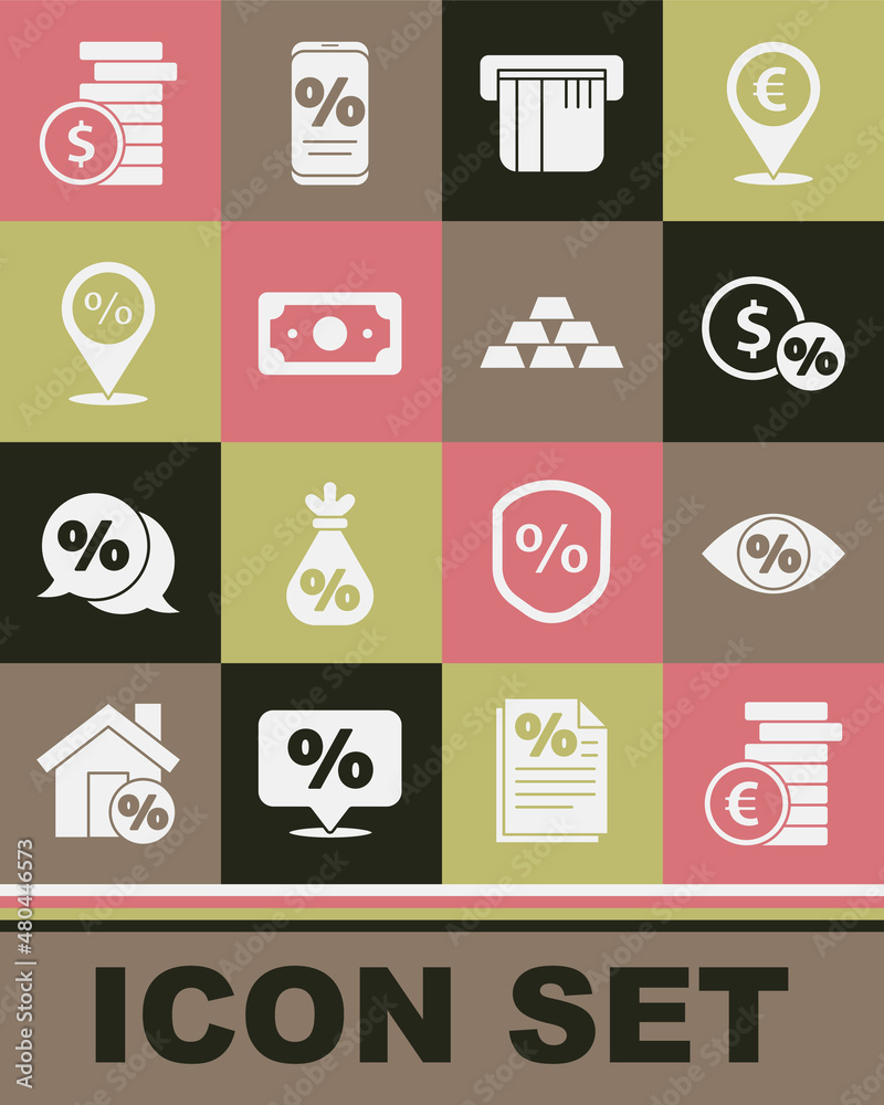 Set Coin money with euro symbol, Eye percent, Money coin, Credit card, Stacks paper cash, Location discount, dollar and Gold bars icon. Vector Set Coin money with euro symbol, Eye percent, Money coin, Credit card, Stacks paper cash, Location discount, dollar and Gold bars icon. Vector