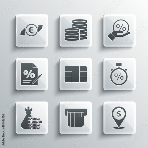Set Credit card, Cash location, Stopwatch and percent, with chip, Money bag coin, Finance document, Financial growth euro and Discount tag icon. Vector