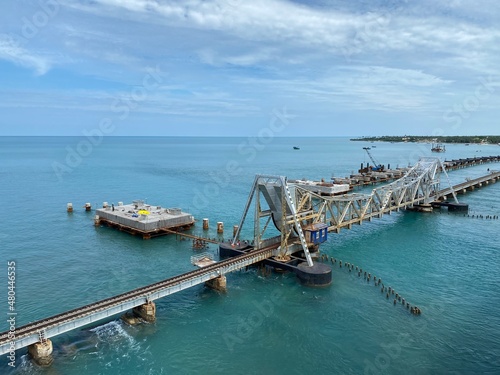 Pamban Bridge is a railway bridge which connects the town of Mandapam in mainland India with Pamban Island, and Rameswaram. world dangerous bridge on the sea, the longest sea bridge in India photo