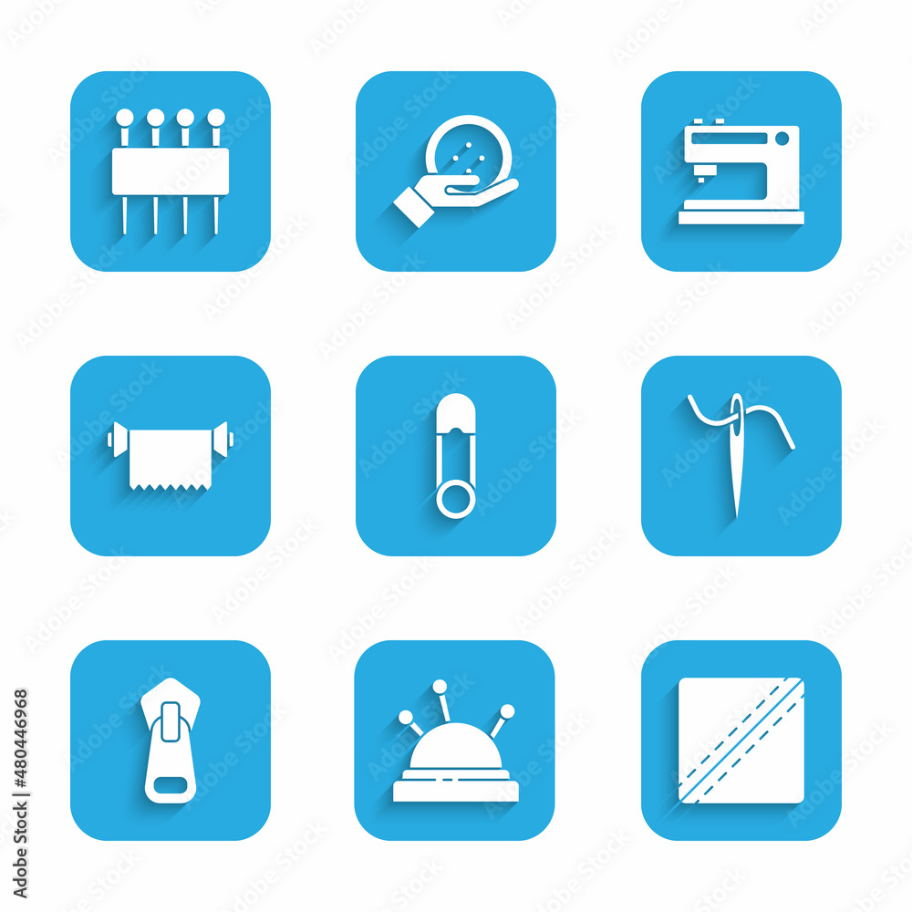 Set Safety pin, Needle bed and needles, Sewing Pattern, for sewing with thread, Zipper, Textile fabric roll, machine and icon. Vector Set Safety pin, Needle bed and needles, Sewing Pattern, for sewing with thread, Zipper, Textile fabric roll, machine and icon. Vector