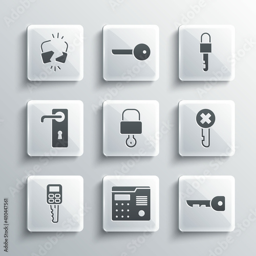 Set House intercom system, Key, Wrong key, Lock and, Car with remote, Door handle, Broken cracked lock and Locked icon. Vector
