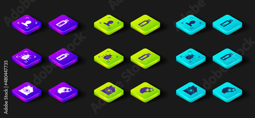 Set House with eye scan, Head shield, System bug, USB flash drive, and Face recognition icon. Vector