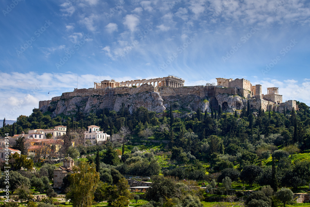 A view to the Acropolis with the Parthenon and the entire hill under it in Athens, Greece