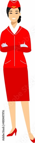 Flat cute cartoon stewardess of aircraft characters in air uniform.
