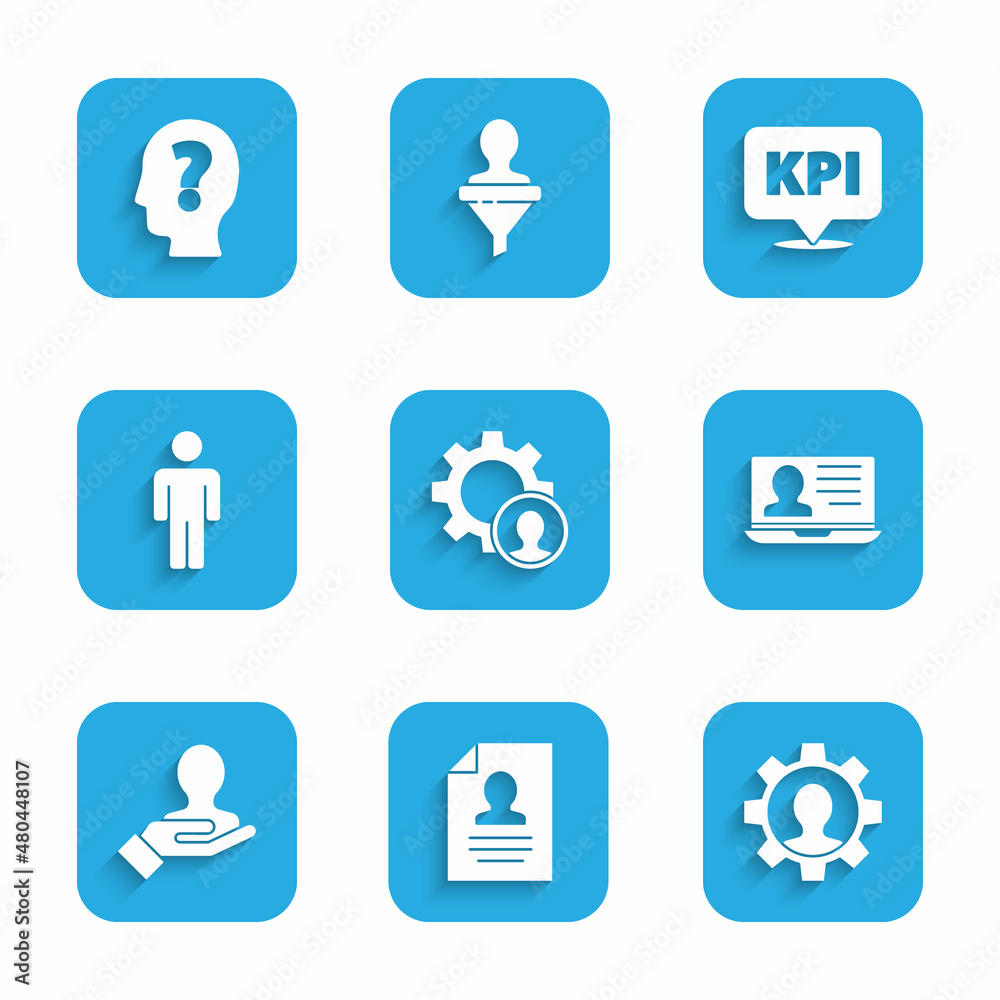 Set Head hunting, Resume, Human with gear, Laptop resume, Hand for search people, User of, Key performance indicator and question mark icon. Vector