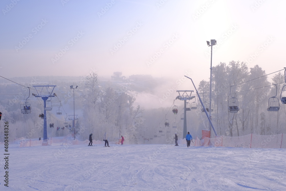 Snow-covered trees in hoarfrost at a ski resort, lift, funicular, ski lift
Snow-covered trees in hoarfrost at a ski resort, lift, funicular, ski lift