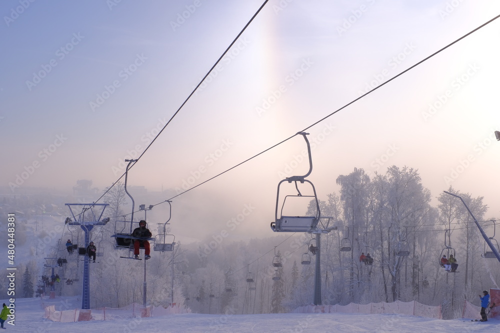 Snow-covered trees in hoarfrost at a ski resort, lift, funicular, ski lift
Snow-covered trees in hoarfrost at a ski resort, lift, funicular, ski lift