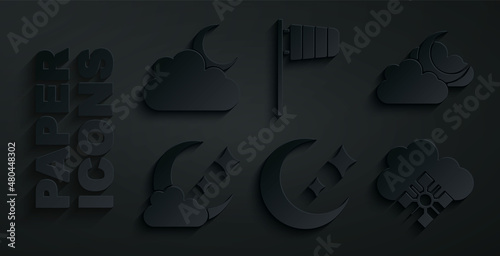 Set Moon and stars, Cloud with moon, snow, Cone windsock wind vane and icon. Vector