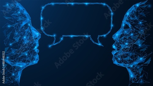 A joint conversation on a social network. Polygonal design of lines and dots. Blue background.