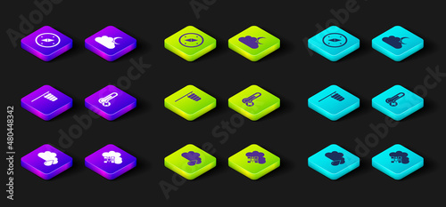 Set Cloud with rain, snow, Cone windsock wind vane, Meteorology thermometer, moon and Compass icon. Vector