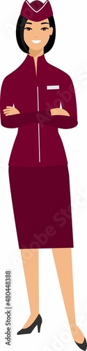 Flat cute cartoon stewardess of aircraft characters in air uniform.