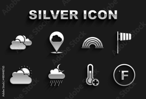 Set Cloud with rain and moon, Cone windsock wind vane, Fahrenheit, Meteorology thermometer, Sun cloud weather, Rainbow, and Location icon. Vector