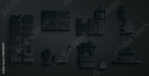 Set Coffee cup to go, England map, Golf club with ball on tee, Elegant women hat, Big Ben tower and Flag Great Britain icon. Vector