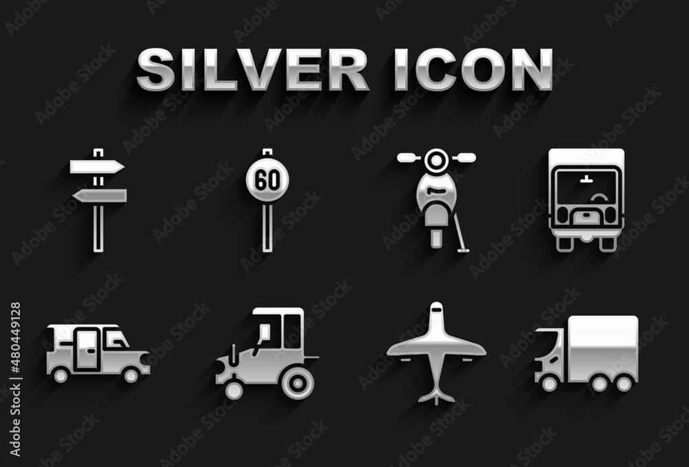 Set Tractor, Delivery cargo truck, Plane, Minibus, Scooter, Road traffic signpost and Speed limit icon. Vector Set Tractor, Delivery cargo truck, Plane, Minibus, Scooter, Road traffic signpost and Speed limit icon. Vector
