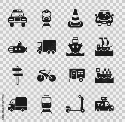 Set TV News car, Cargo ship with boxes, Sailboat, Traffic cone, Delivery cargo truck, Submarine, Police and flasher and icon. Vector