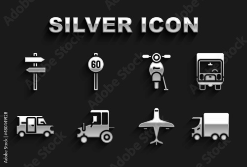 Set Tractor, Delivery cargo truck, Plane, Minibus, Scooter, Road traffic signpost and Speed limit icon. Vector