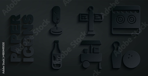 Set Fast street food cart, Shooting gallery, Bottle of water, Bowling pin and ball, Road traffic signpost and Tree icon. Vector