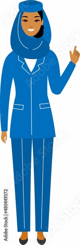 Flat cute cartoon stewardess of aircraft characters in air uniform.