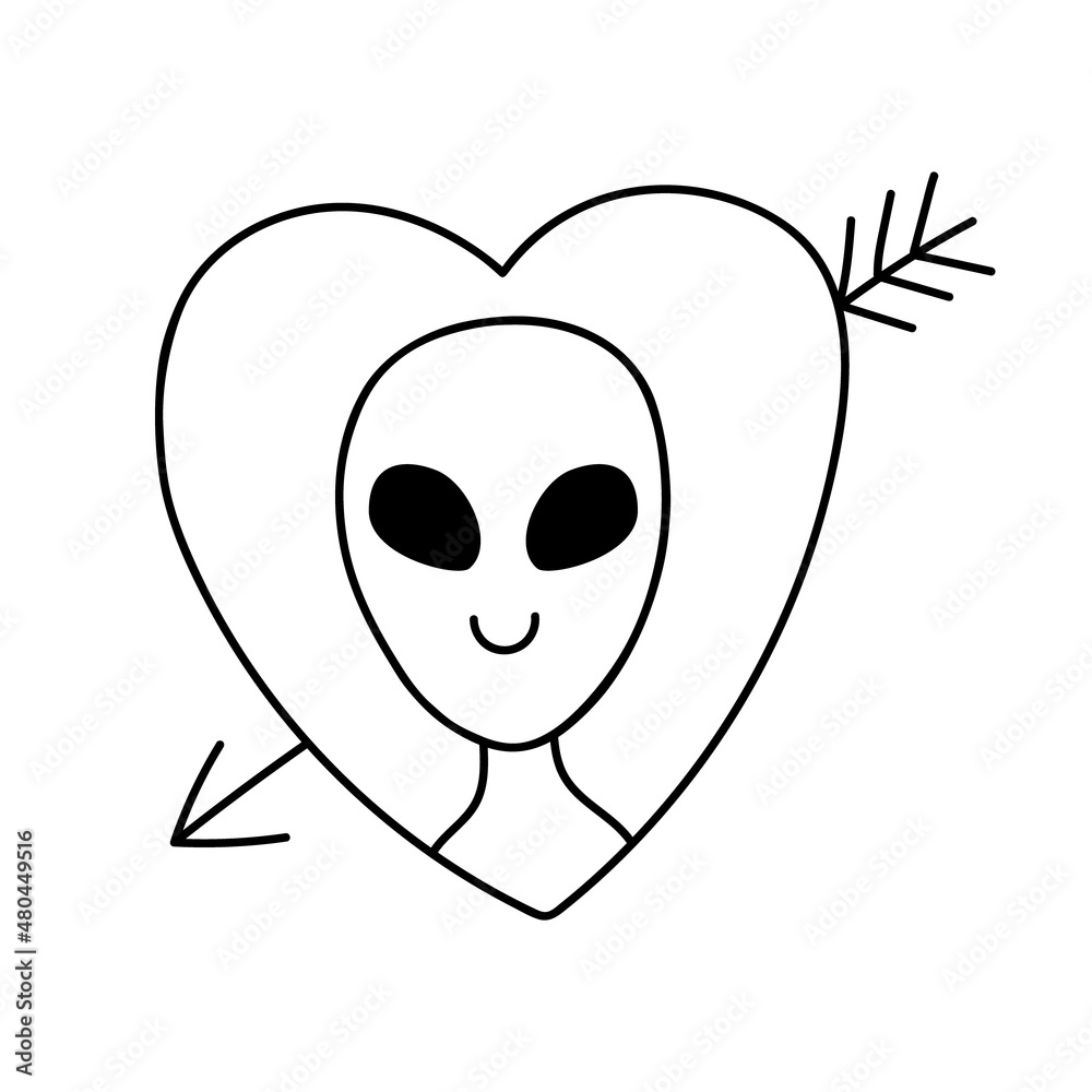 A doodle-style alien in love. Contour vector drawing of a cute extraterrestrial humanoid. Space Character A doodle-style alien in love. Contour vector drawing of a cute extraterrestrial humanoid. Space Character