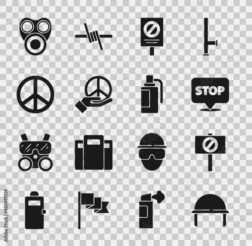 Set Military helmet, Protest, Peace, Gas mask and Hand grenade icon. Vector