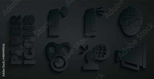Set Protest, Special forces soldier, Gas mask, Megaphone, Pepper spray and icon. Vector