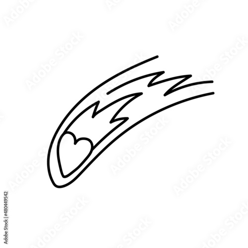  heart-shaped comet in doodle style. Contour vector drawing of a space meteorite. A falling heart. Asteroid, planet of love