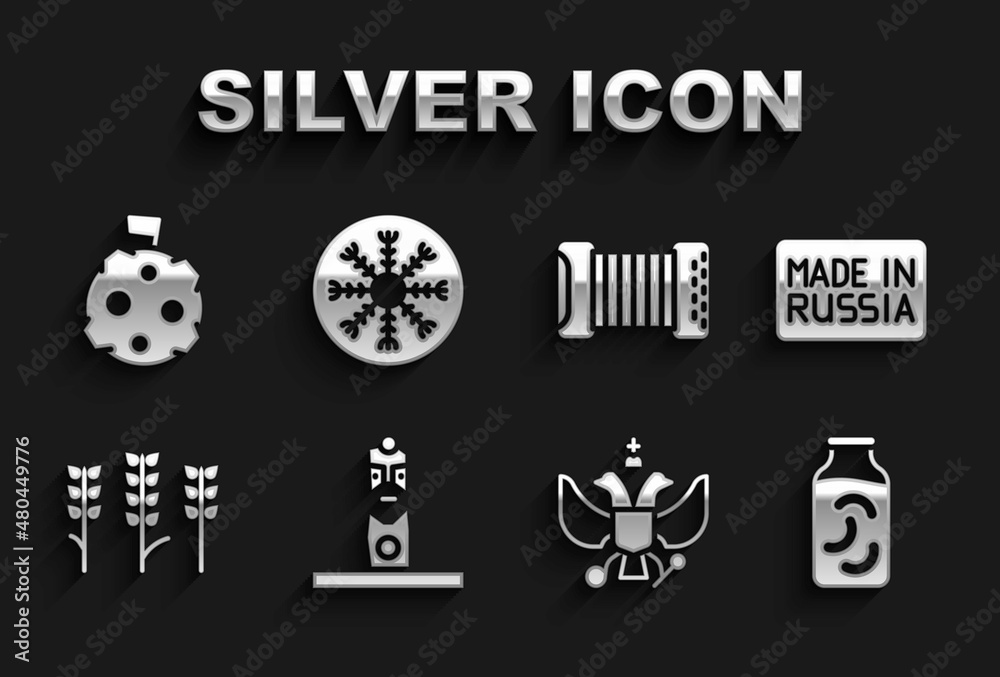 Set Slavic pagan idol, Made in Russia, Pickled cucumbers jar, National emblem of, Wheat, Accordion, Moon with flag and Snowflake icon. Vector Set Slavic pagan idol, Made in Russia, Pickled cucumbers jar, National emblem of, Wheat, Accordion, Moon with flag and Snowflake icon. Vector