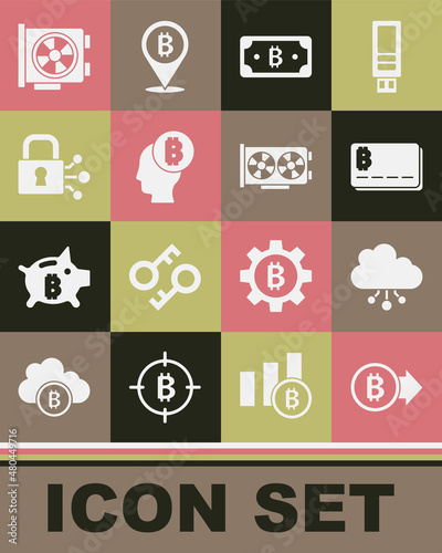 Set Bitcoin, Cryptocurrency cloud mining, Credit card with bitcoin, think, Lock, Video graphic and icon. Vector