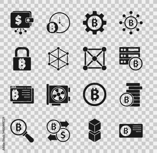 Set Credit card with bitcoin, Bitcoin, Server, Cryptocurrency, Blockchain technology, Lock, wallet and icon. Vector