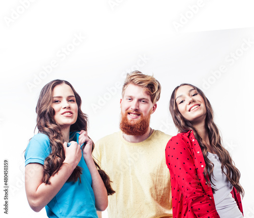 company of hipster guys, bearded red hair boy and girls students having fun together friends, diverse fashion style, lifestyle people concept isolated on white background