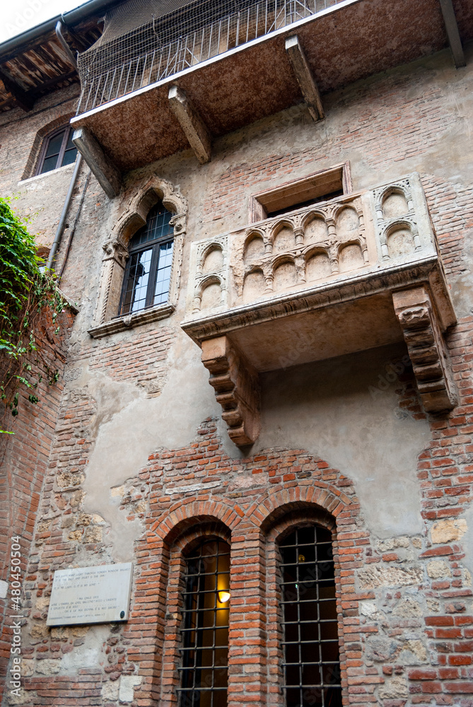 The balcony of Juliet's house in Verona, medieval tower house built in 13th-14th century, traditionally a place where Romeo and Juliet is set, a Verona city, Veneto region, Italy