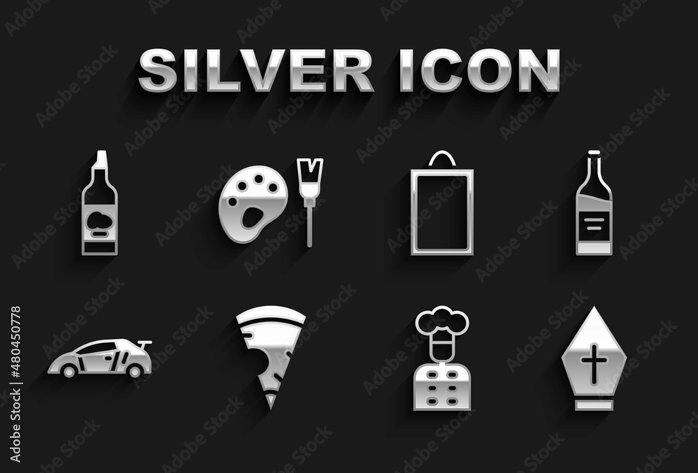Set Slice of pizza, Bottle wine, Pope hat, Italian cook, Sport racing car, Picture, olive oil and Paint brush with palette icon. Vector Set Slice of pizza, Bottle wine, Pope hat, Italian cook, Sport racing car, Picture, olive oil and Paint brush with palette icon. Vector