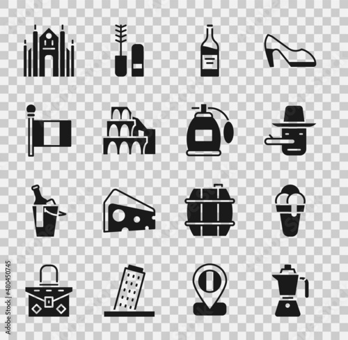 Set Coffee moca pot, Ice cream, Pinocchio, Bottle wine, Coliseum Rome, Flag Italy, Milan Cathedral and Perfume icon. Vector