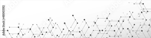 Vector abstract halftone background. A pattern of destroyed hexagons with circles, dots. Plexus technology. Digital networks. Molecules of matter. Poster for social networks, medicine, websites.