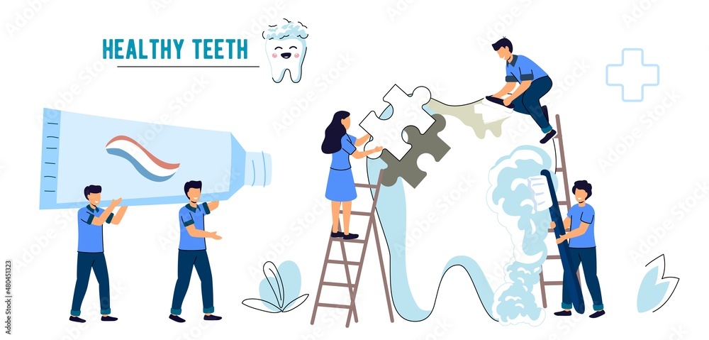 Dentist checkup Stomatology Dental Care flat vector illustration concept Dentistry work Tiny people caring for a tooth Protect human teeth from caries and health prevention Hygiene technology
